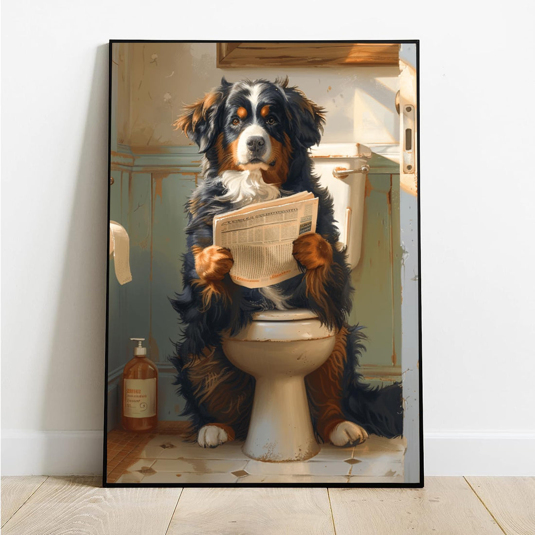 Fun dog on toilet canvas mural humorous bathroom decoration quirky pet poster as a gift for dog lovers fun animal prints unique home decor for bathroom or living room 12X16in-Bframed