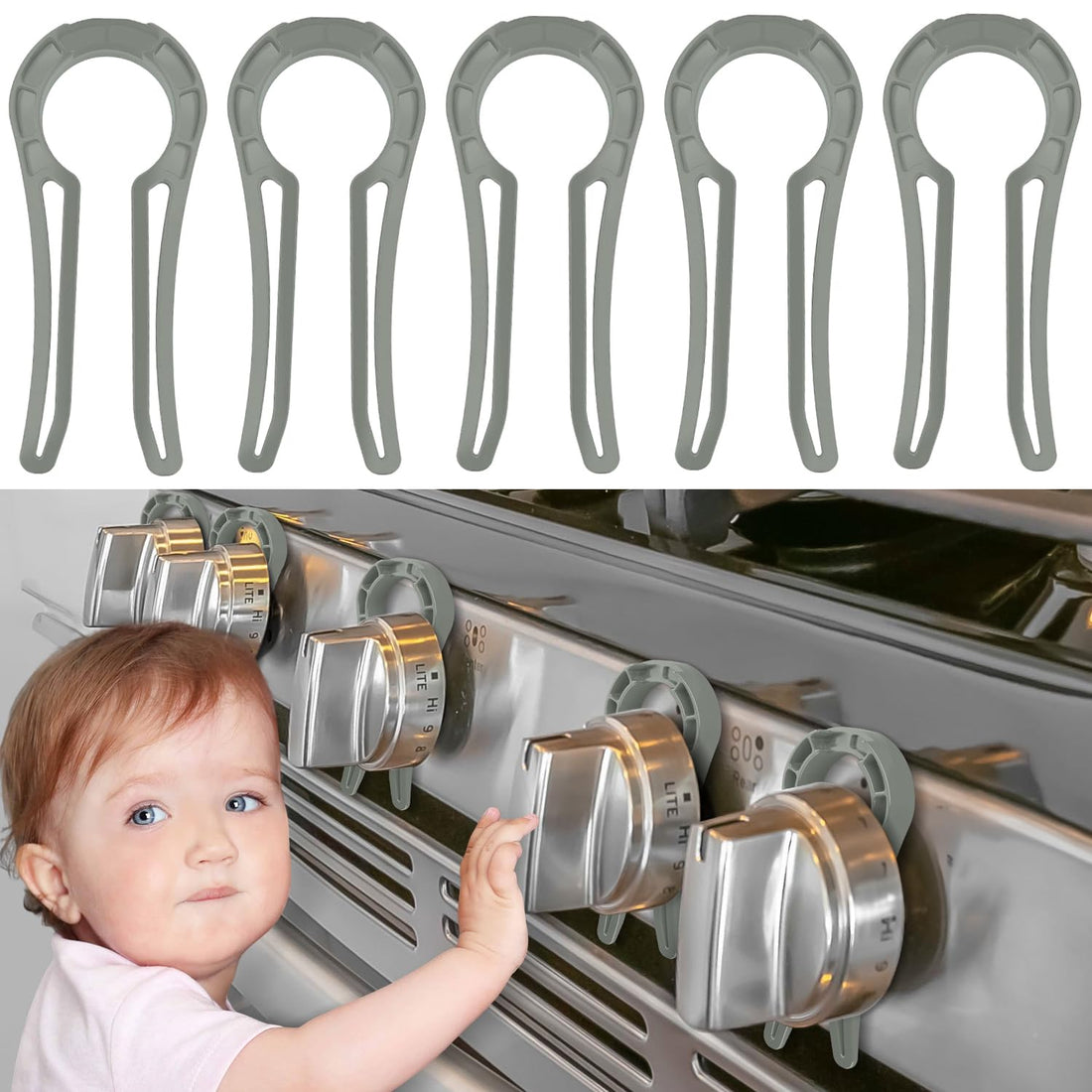 Stove Stoppaz Gas Stove Knob Locks Protecting Kids and Pets; Oven Knob Covers for Child Safety (5 Pack Grey)